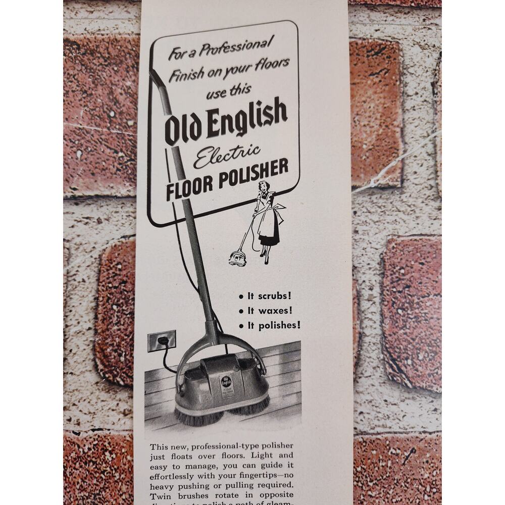 1950 Old English Electric Floor Polisher Happy Housewife Cleaning‎ Vtg Print Ad